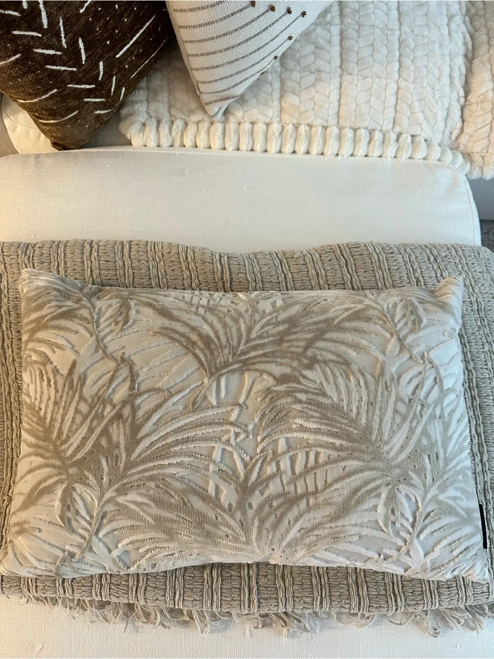 Neutral Textured Palm Leaf Throw Pillow - Beige